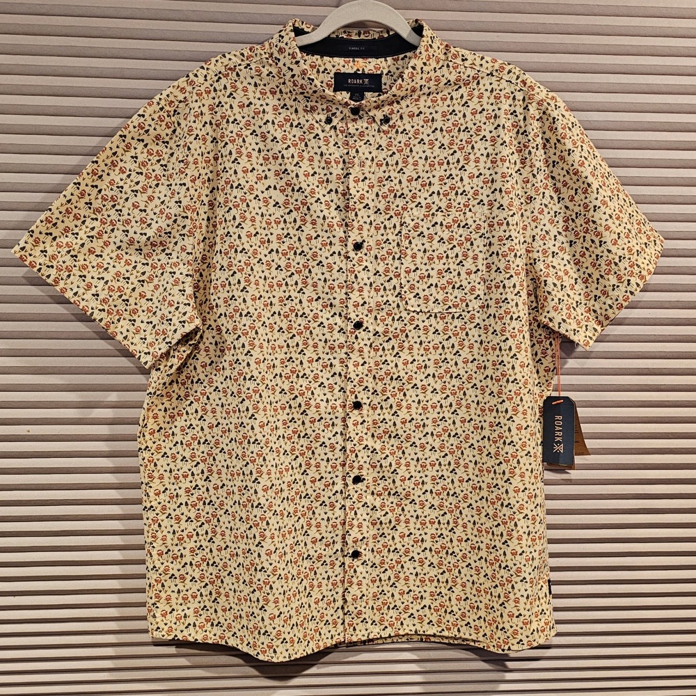 Roark Scholar Oxford SS Woven Shirt Boletes Sunbeam Mushroom Print XL NWT